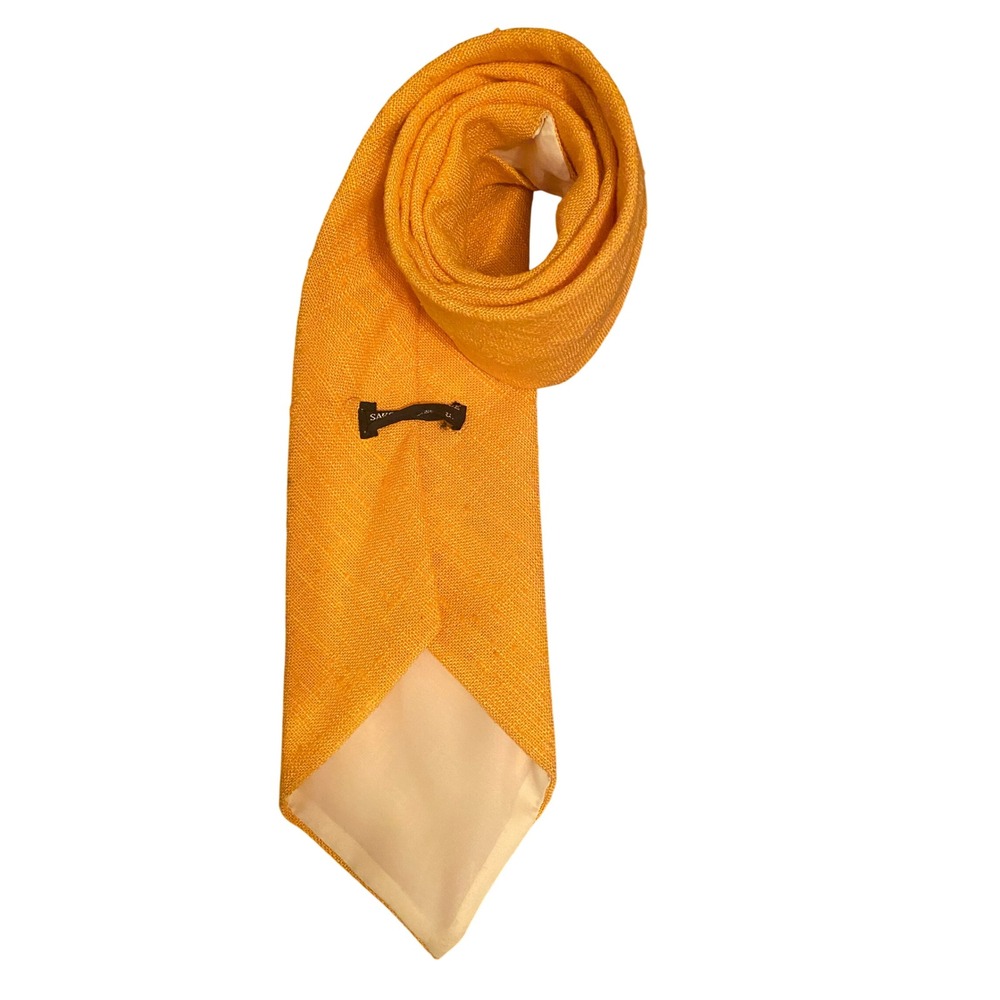 Saks Fifth Avenue Mens Silk Linen Blend Tie Solid Marigold Yellow Textured Weave